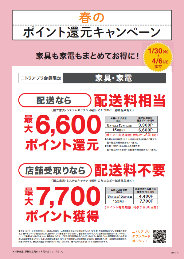 【ニトリ】春のポイント還元キャンペーン開催中！！
